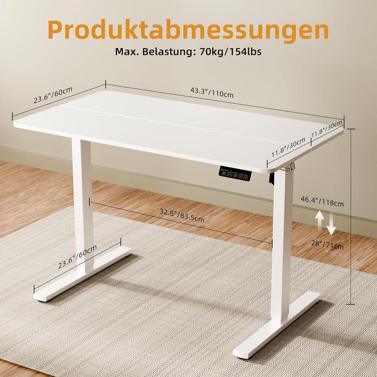 SCHREIBTISCH elektrisch höhenverstellbar 110 x 60 cm Weiß - Weiß, Metall (110/60/122cm)