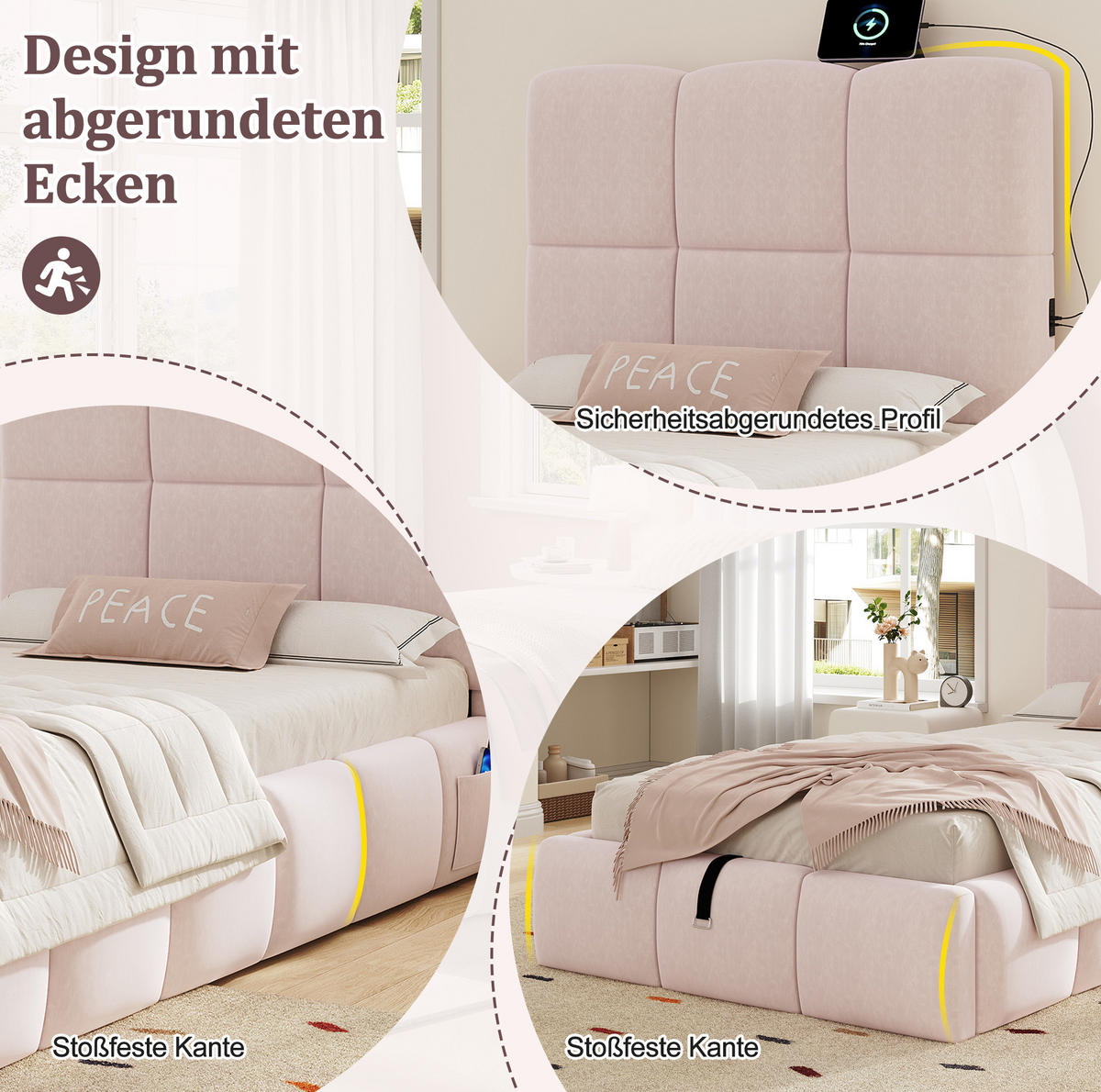 KINDERBETT 90/200 cm aus Samt mit Stauraum und USB-Anschluss Rosa - Pink, Textil (90/200cm) - Modenvie