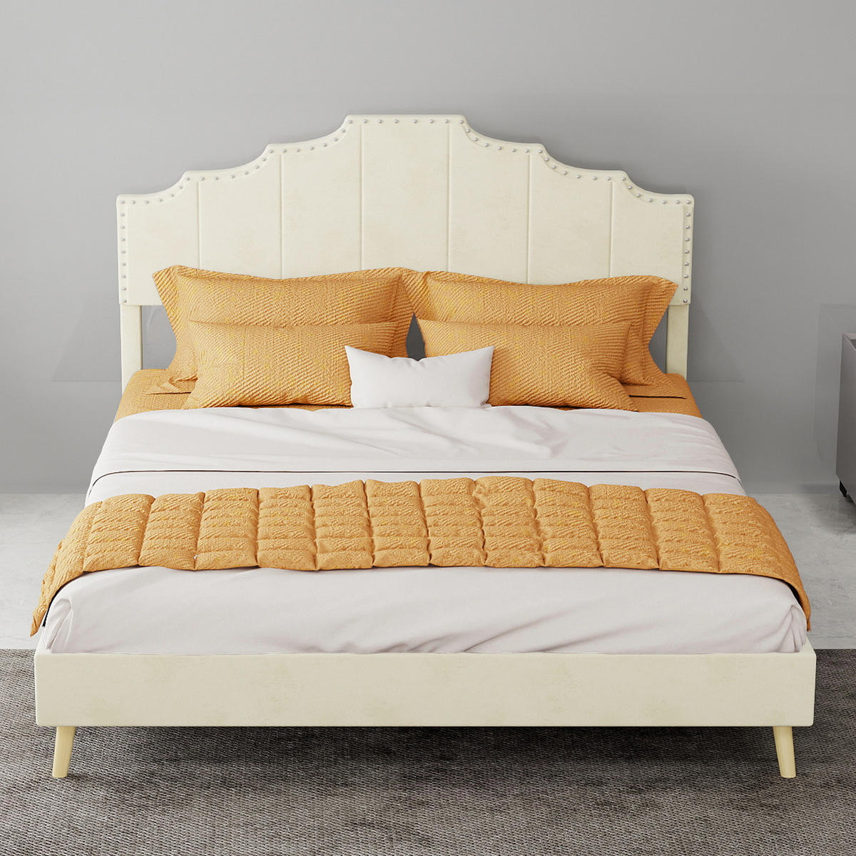 POLSTERBETT 140/200 cm DE-32982 mit geometrischem Kopfteil Beige - Beige, Metall (140/200cm) - ComfortXL