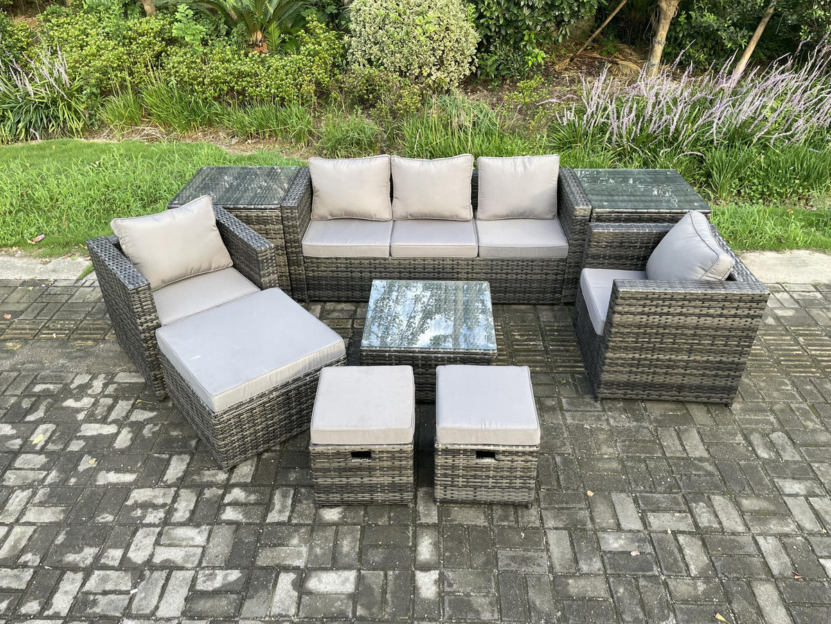 GARTENSET mit Beistelltisch Polyrattan 8-Sitzer - Dunkelgrau, Metall - Fimous