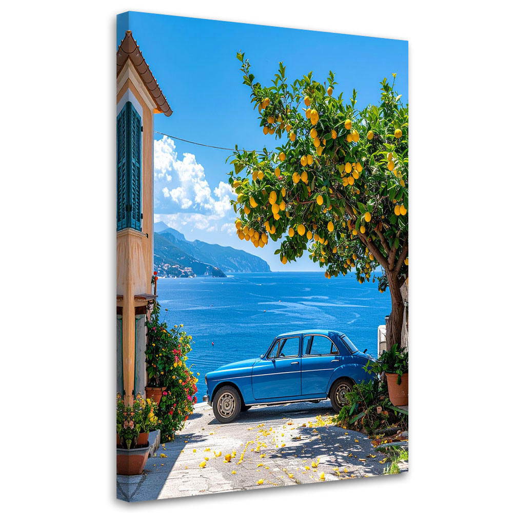 BILD auf Leinwand, Oldtimer an der Mittelmeerküste - Blau, Textil (60/90cm) - Feeby