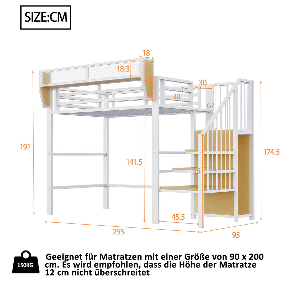 HOCHBETT 90/200 cm Weiß aus Metall mit Sicherheitsleiter und verstellbarem Ablagefach - Weiß, Metall (90/200cm) - OKWISH
