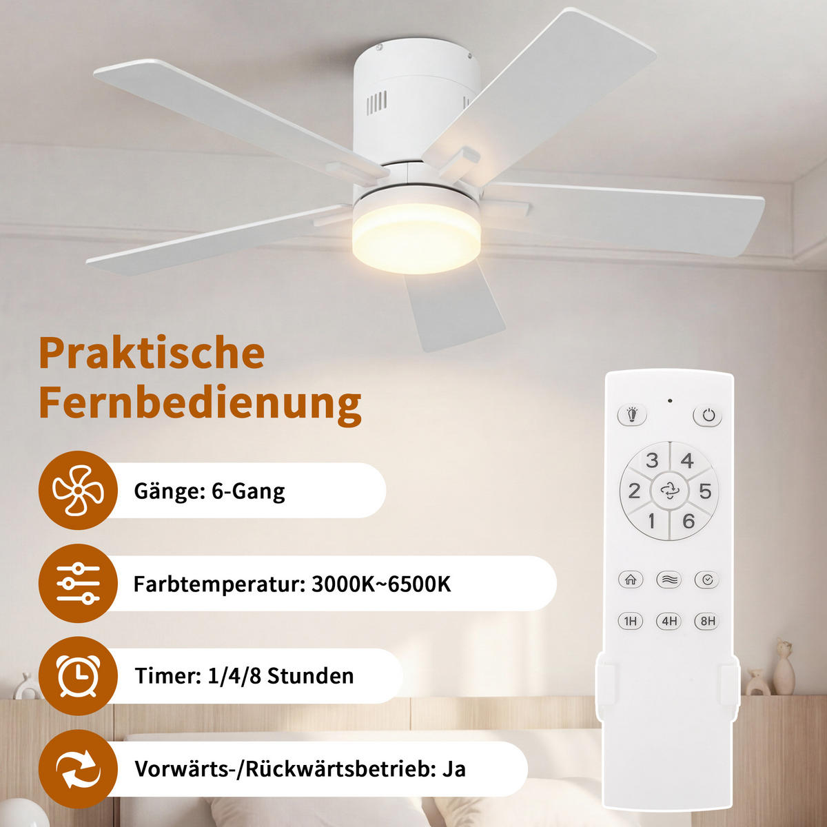 STROPNI ventilator z LED lučko, 106,6 cm, bel, 6 hitrosti in časovnik - bela, kovina (106.6/106.6/28cm) - EuroLiving