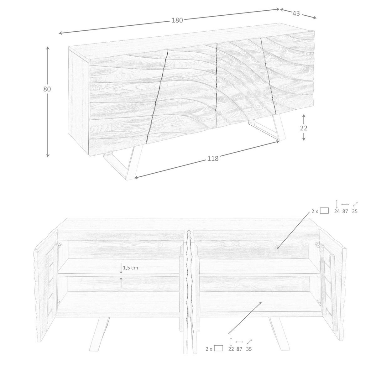 SIDEBOARD aus hellem Nussbaumholz und poliertem goldfarbenem Stahl 180/43/80 cm - Honigeiche/Cognac, Holz/Naturmaterialen (180/80/43cm) - ANGEL CERDA