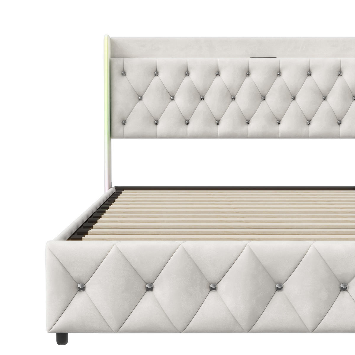 POLSTERBETT Rautensteppung 140/200 cm mit Bettkasten & Lauflicht-LED Samtoptik Beige - Beige, Textil (140/200cm) - Creahappy
