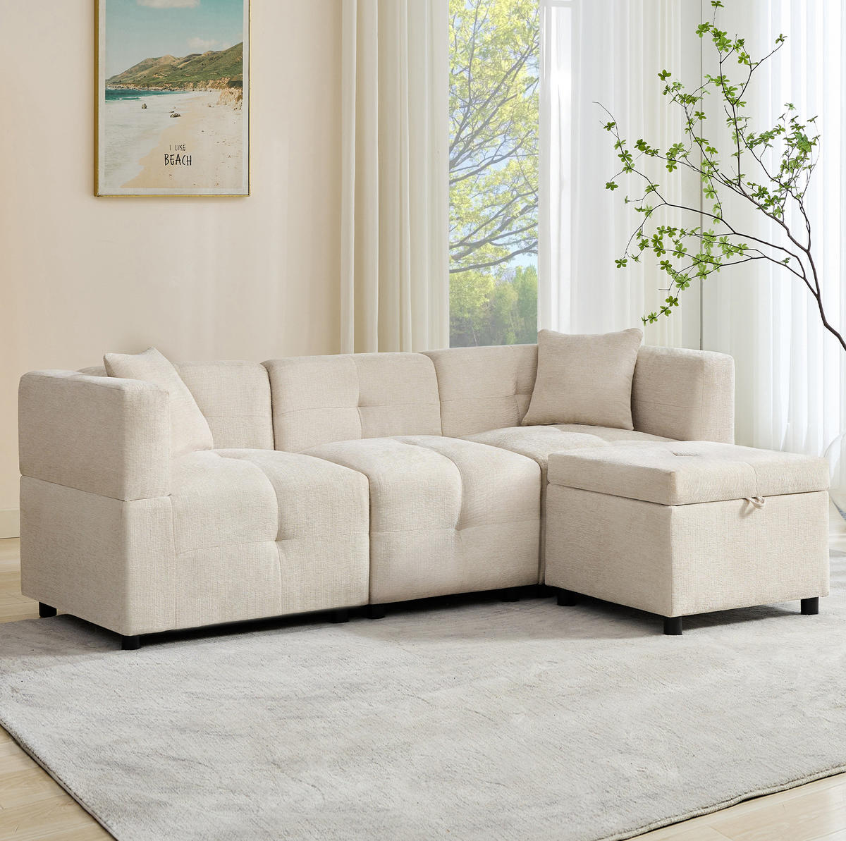 SOFA modular 204 x 126 cm Chenille Beige 3-Sitzer mit Fußhocker - Beige, Holzwerkstoff (126/204cm) - Meubliv