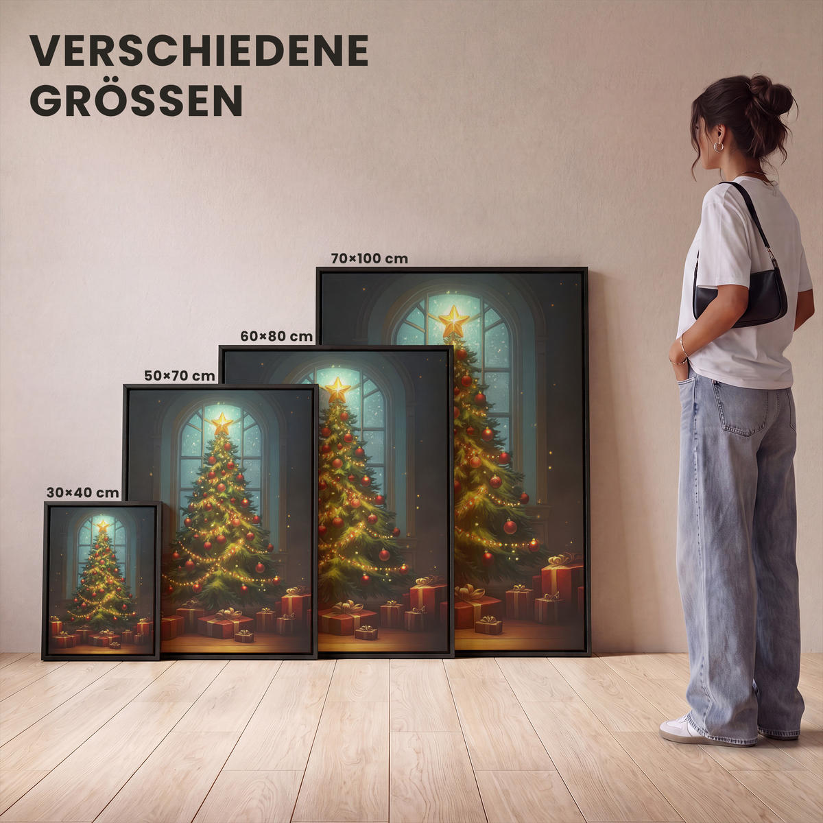 LEINWAND Bilder mit Rahmen - Weihnachtsbaum - Geschenk - Winter - 60x80 - Grün, Textil (60/80cm) - MuchoWow
