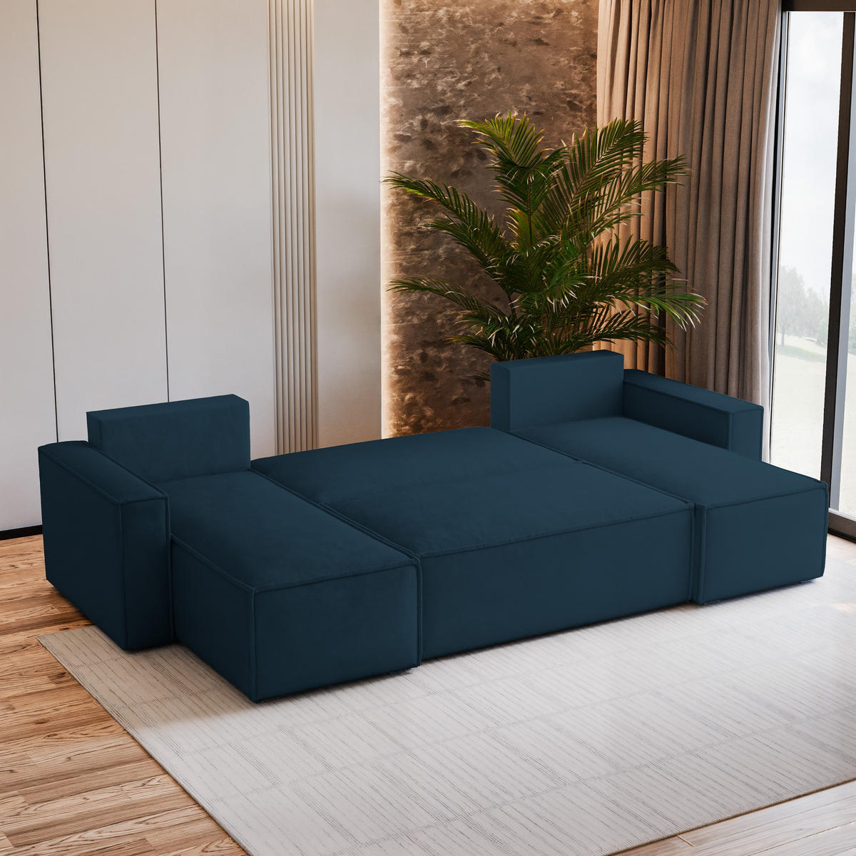 WOHNLANDSCHAFT PESANO M Blau Velours-Stoff mit Schlaffunktion - Blau, Holz (306/85/140cm) - MASSENO