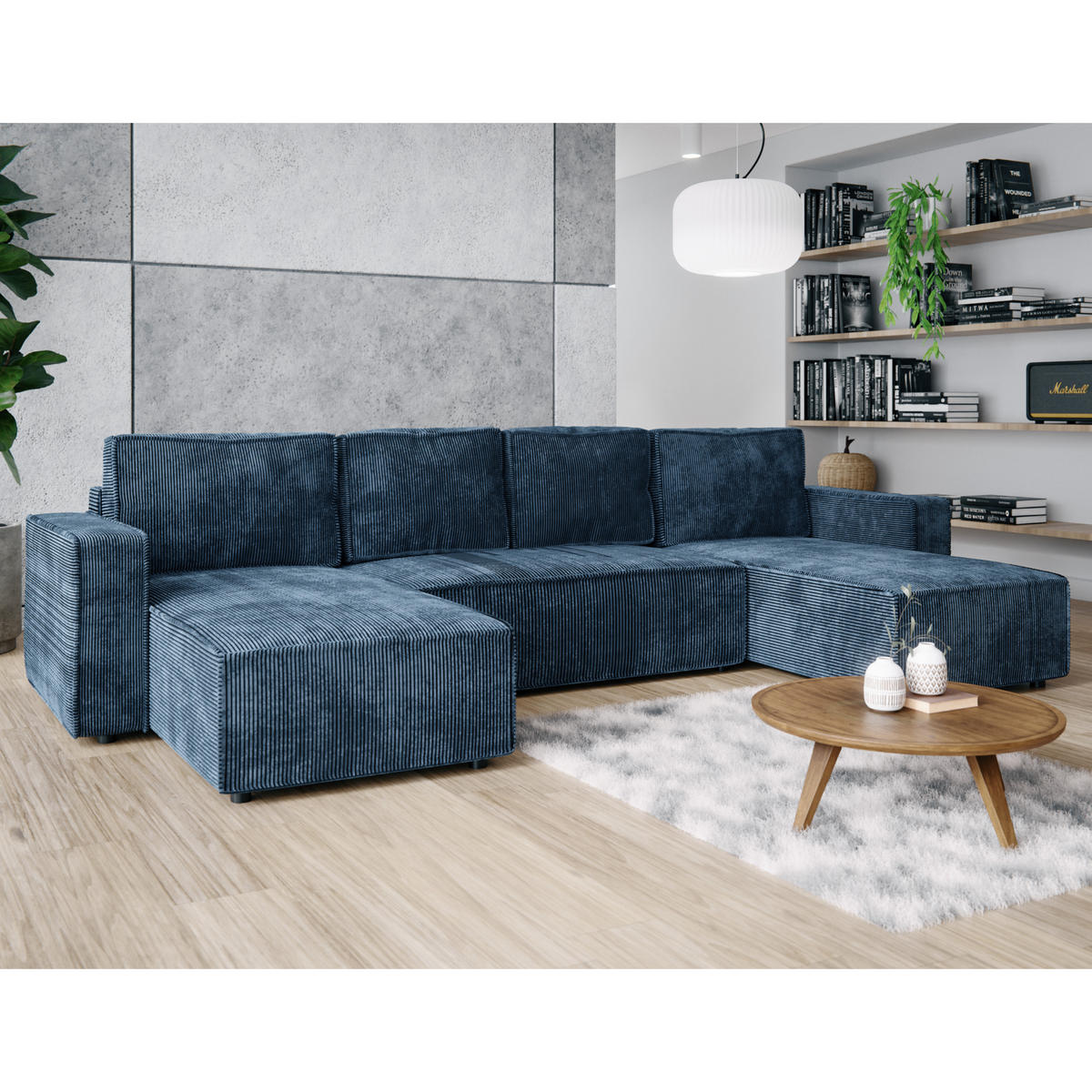 WOHNLANDSCHAFT BRIK XL 338x169 cm, Meerblau Cord Poso, Schlaffunktion & Bettkasten - Dunkelblau, Textil (338/85/169cm) - Excellent Home