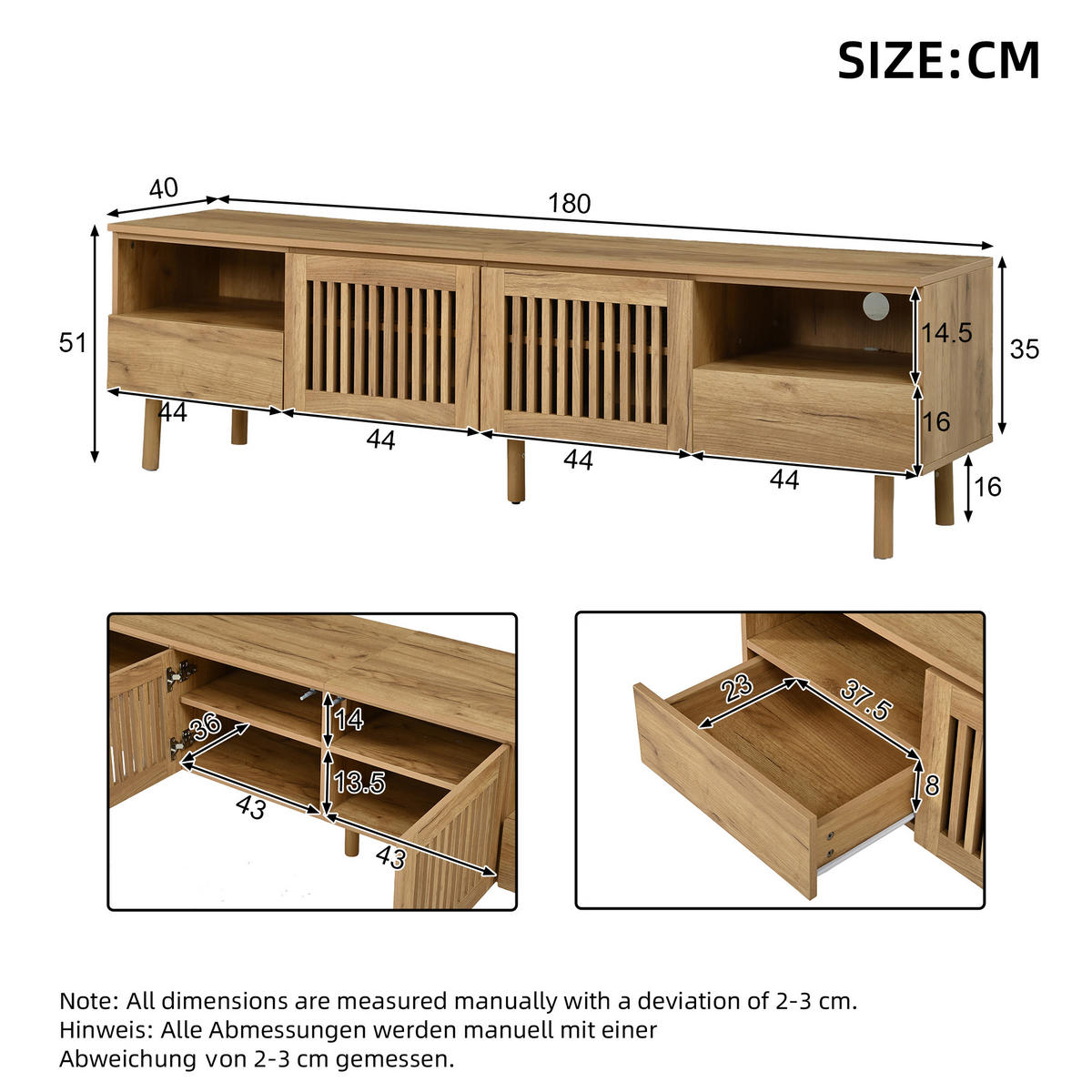 TV komoda 180/40/51 cm s rešetkastim vratima i ladicama u izgledu drva - prirodne boje/boje oraha, drvni materijal (180/51/40cm) - CHICFURN