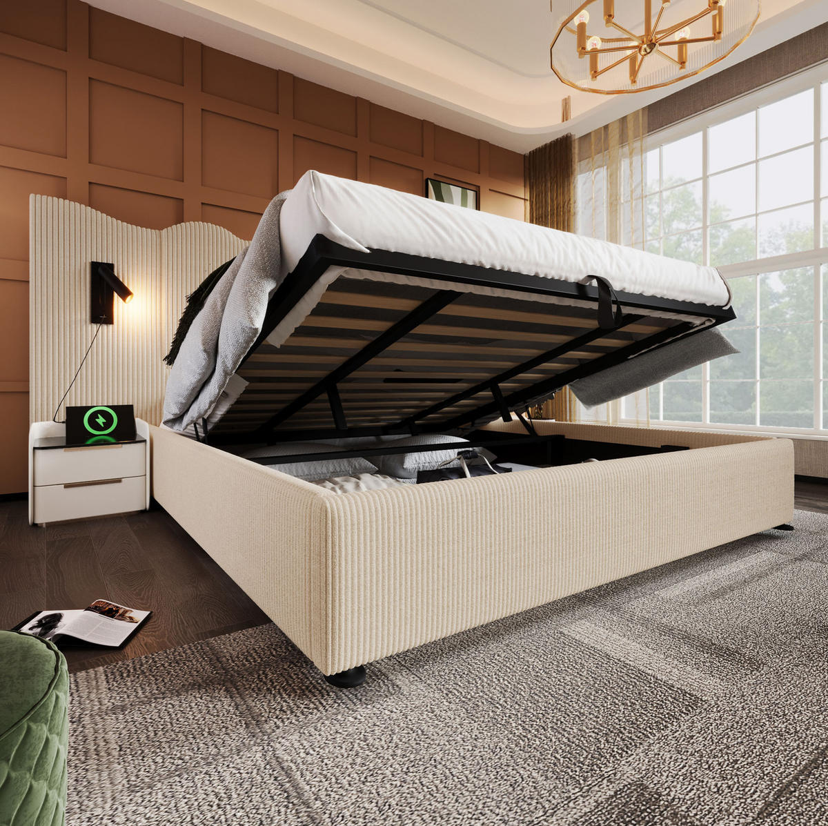 ČALOUNĚNÁ postel 180/200 cm béžovo-bílá z manšestru s lampičkou a USB-C nabíjením - béžová, kůže (180/200cm) - OKWISH