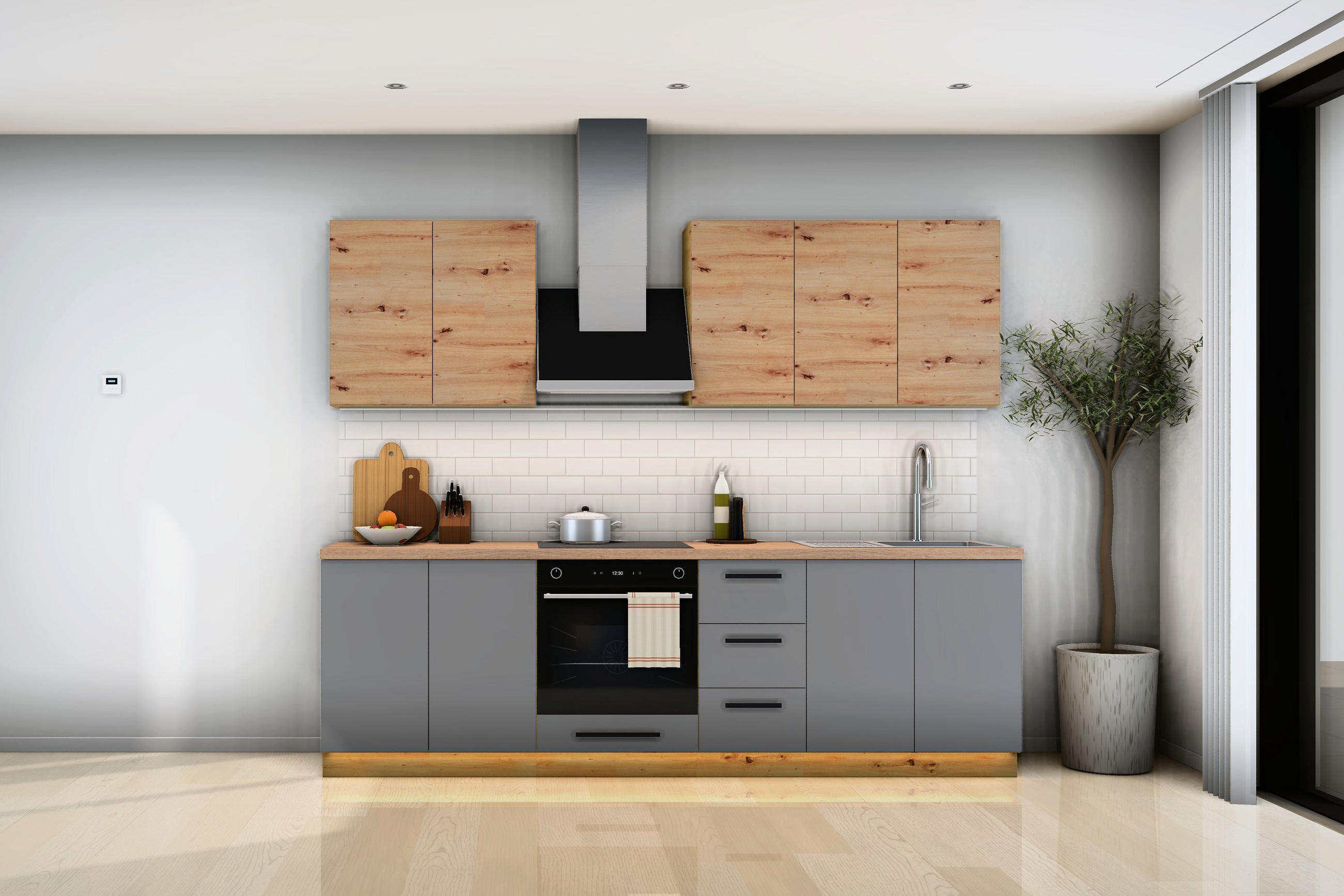 KÜCHENZEILE Nexa Grau & Woodline – 260 cm – K97-G260 - Hellbraun/Schwarz, Holzwerkstoff/Metall (260/212/52cm) - ROYAL24_MARKT