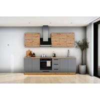 KÜCHENZEILE Nexa Grau & Woodline – 260 cm – K97-G260 - Hellbraun/Schwarz, Holzwerkstoff/Metall (260/212/52cm) - ROYAL24_MARKT