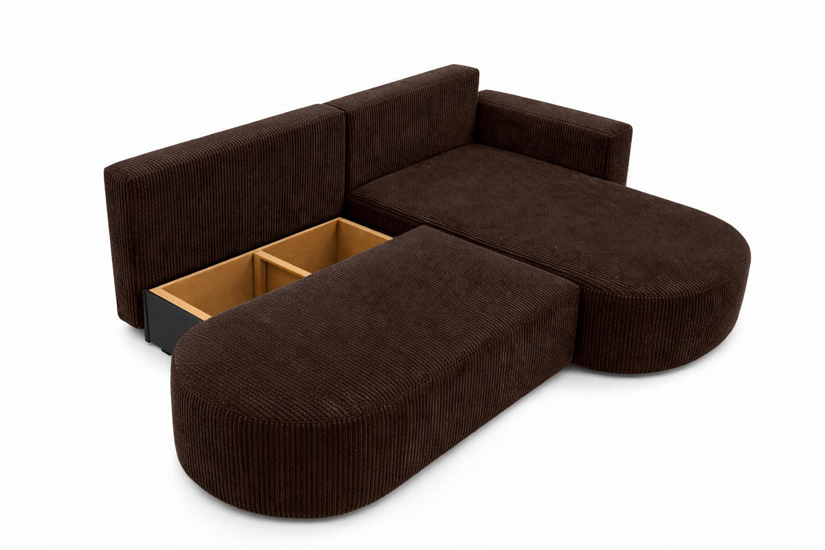 ECKSOFA Mit Schlaffunktion Und Bettkasten, Cordstoff Poso, Braun, Rechts, ROUND ONE OPEN XL - Braun, Holz (262/175cm) - Kaiser Möbel