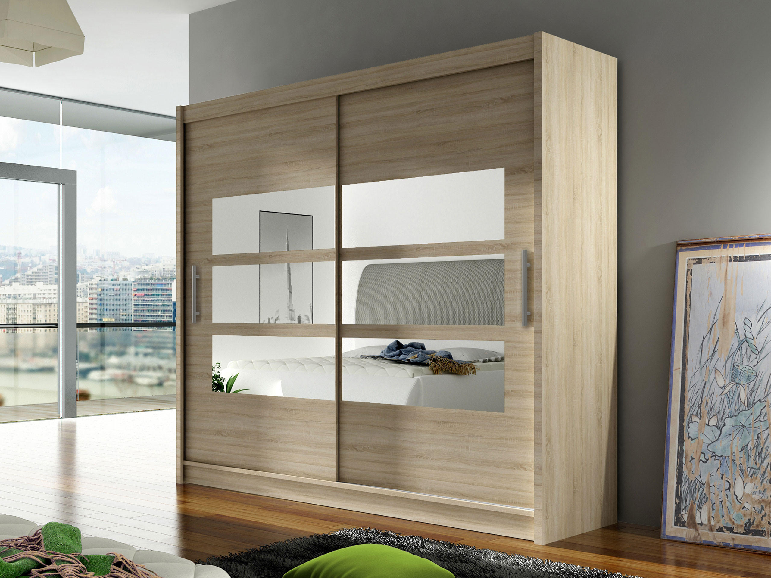 KLEIDERSCHRANK London III 180 - Silberfarben/Sonoma Eiche, Holzwerkstoff/Kunststoff (180/215/58cm) - MIRJAN24