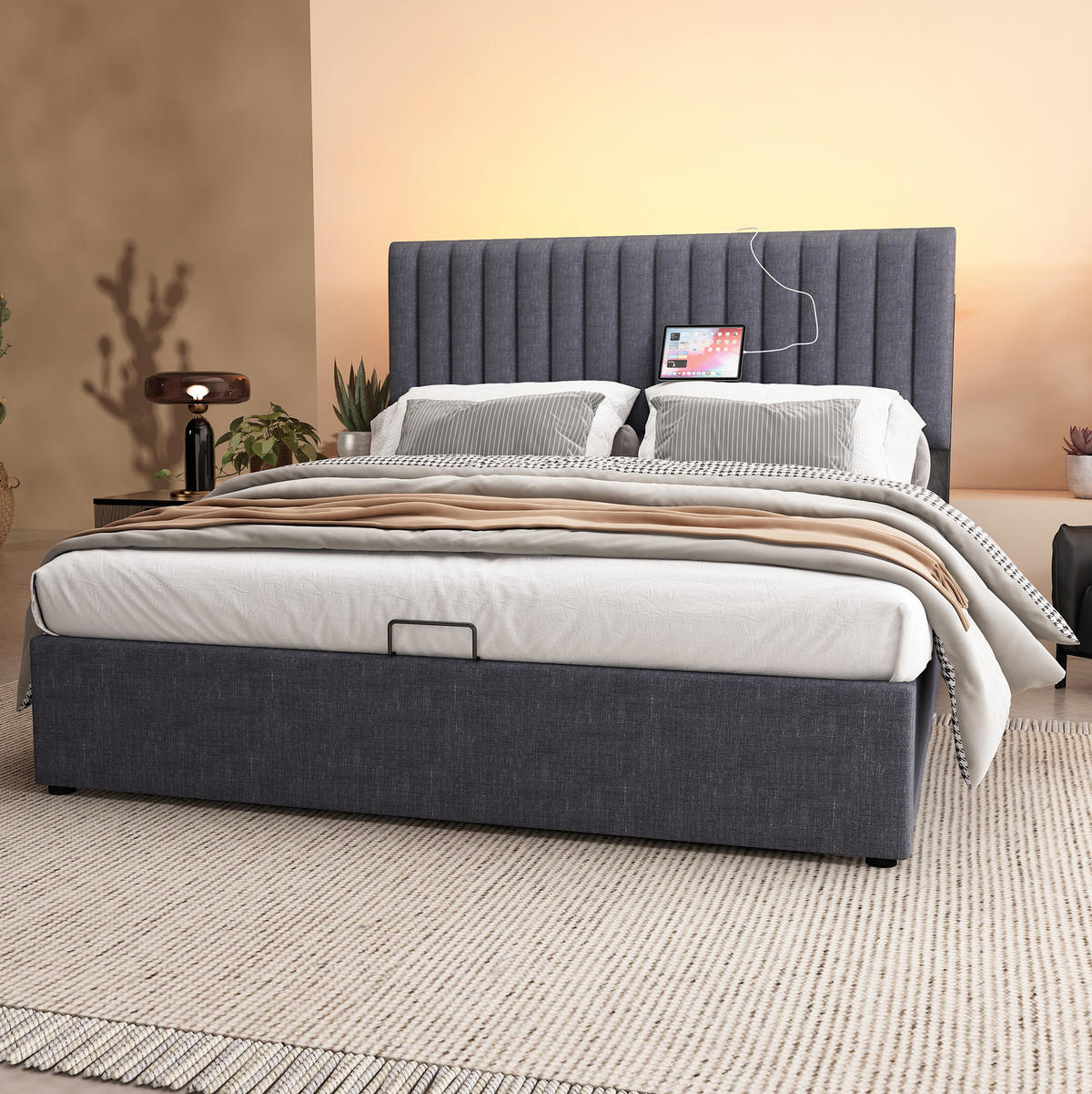 POLSTERBETT 140/200 cm mit LED, USB-Type-C, Stauraum, verstellbarem Kopfteil und Matratze, Grau - Grau, Textil (140/200cm) - Redom