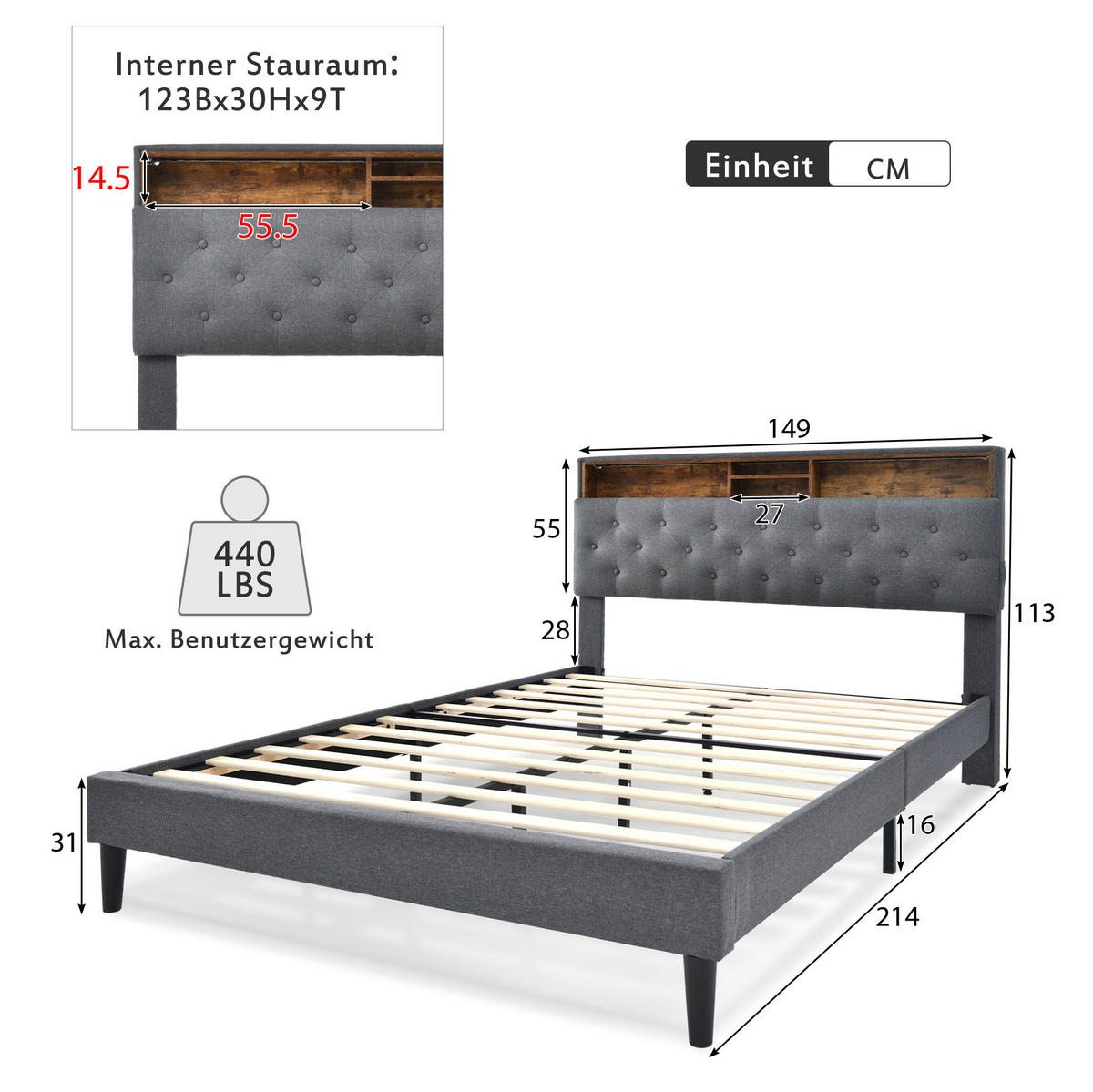 POLSTERBETT 140/200 cm Grau mit Stauraum-Kopfteil und LED-Beleuchtung Mit Matratze - Dunkelgrau, Holz (140/200cm) - OKWISH