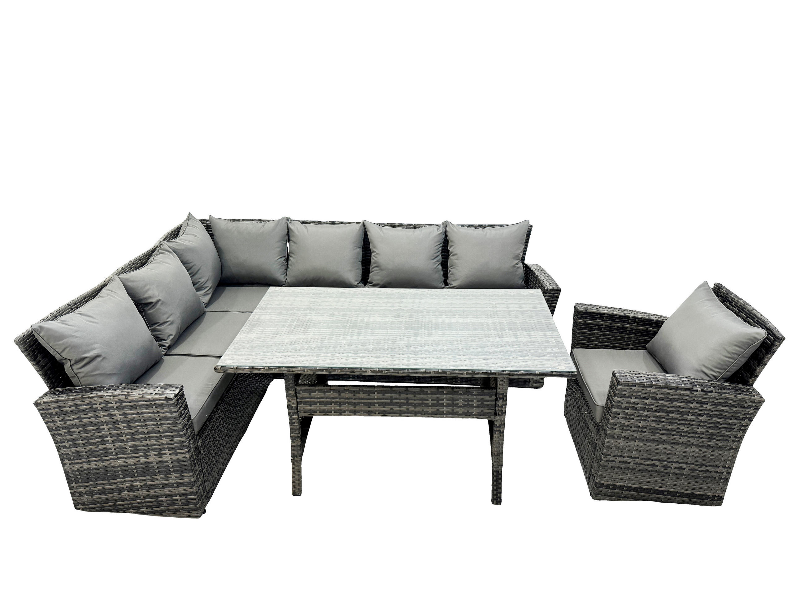 GARTENLOUNGE mit Ecksofa Polyrattan Dunkelgrau 7-Sitzer - Dunkelgrau/Grau, Glas/Kunststoff - Fimous