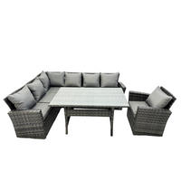GARTENLOUNGE mit Ecksofa Polyrattan Dunkelgrau 7-Sitzer - Dunkelgrau/Grau, Glas/Kunststoff - Fimous