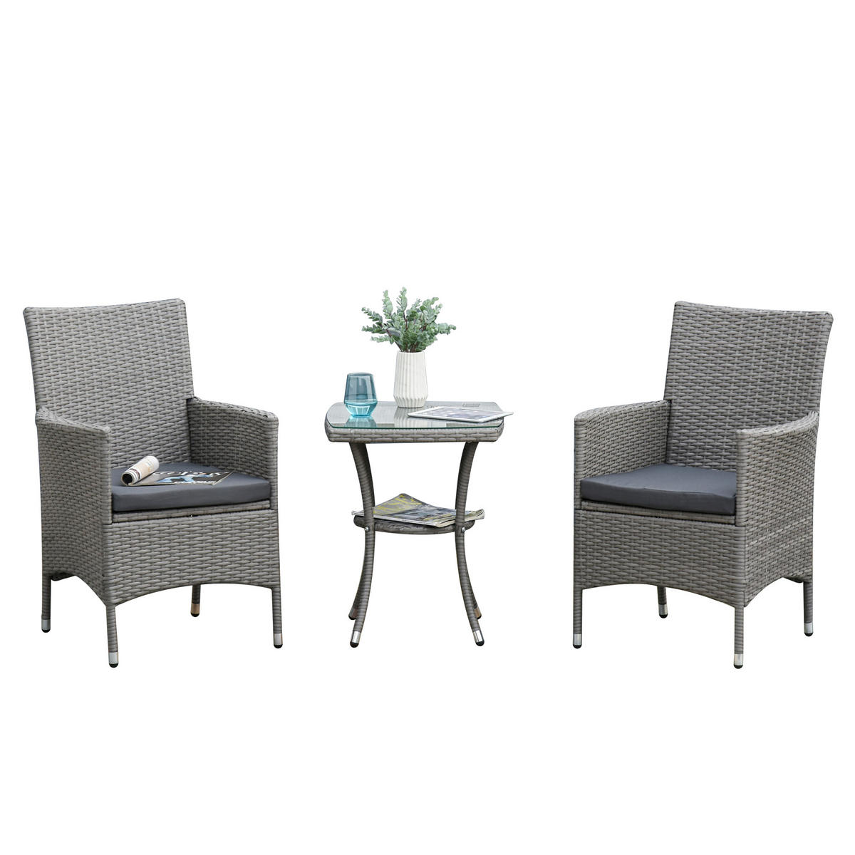 POLYRATTAN GARTENMÖBEL SET DE-06653 3-teilig für 2 Personen Grau - Grau, Kunststoff/Metall - ComfortXL
