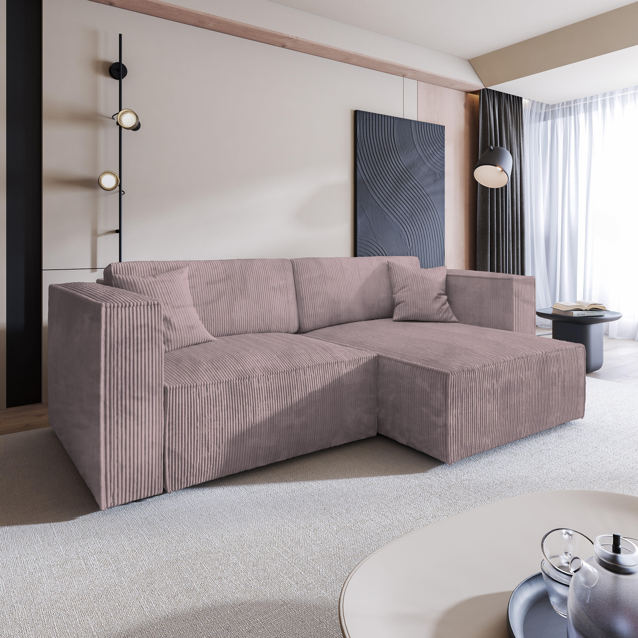 ECKSOFA NERIO P Lila Kordstoff mit Schlaffunktion - Lila, Holz (245/148cm) - MASSENO