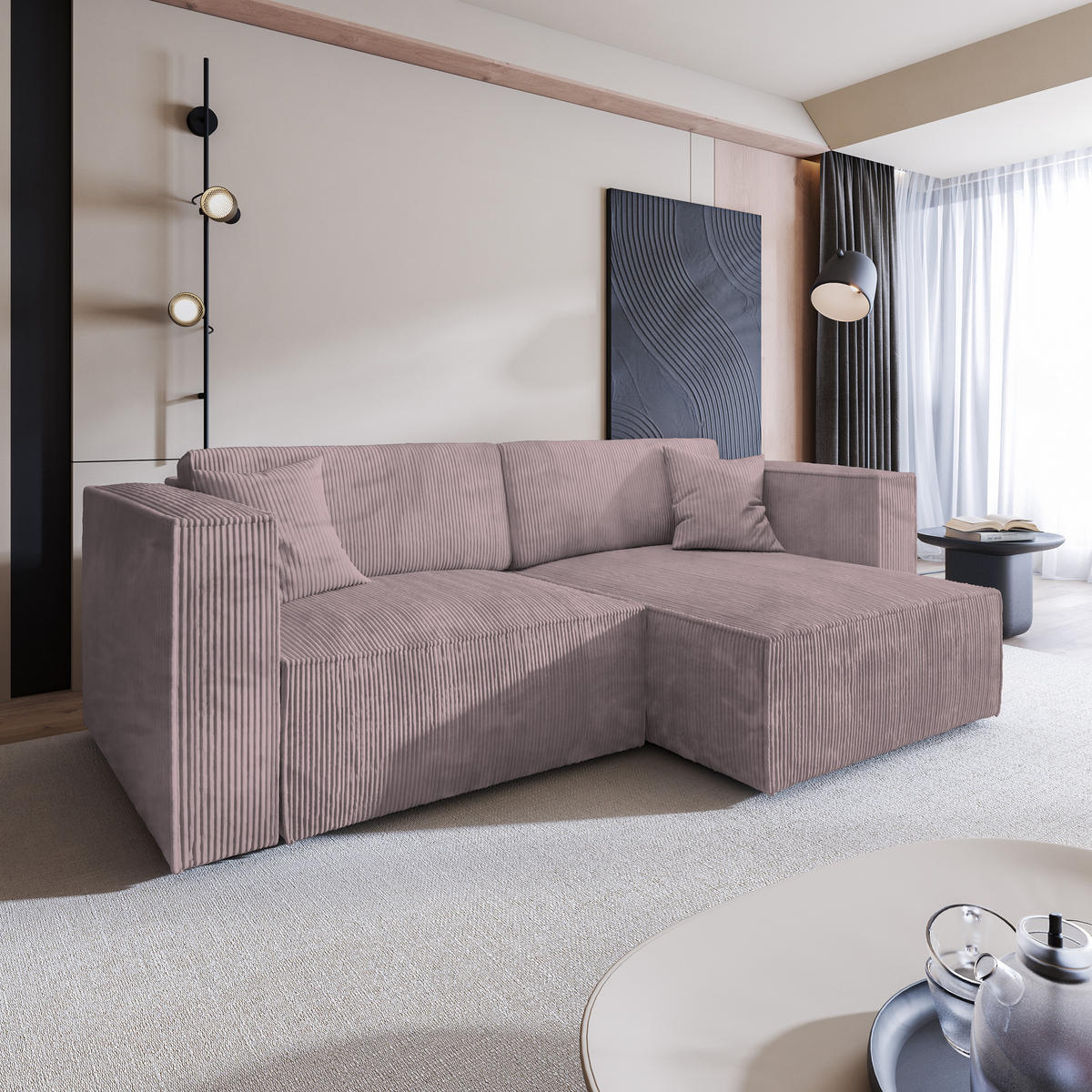 ECKSOFA NERIO P Lila Kordstoff mit Schlaffunktion - Lila, Holz (245/148cm) - MASSENO