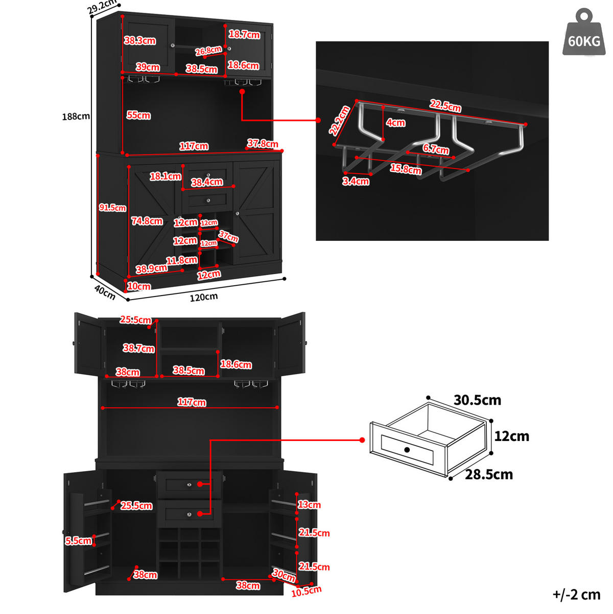 KÜCHENSCHRANK mit Weinregal 120 x 40 x 188 cm MDF Schwarz - Schwarz, Holzwerkstoff (40/188/120cm) - Meubliv