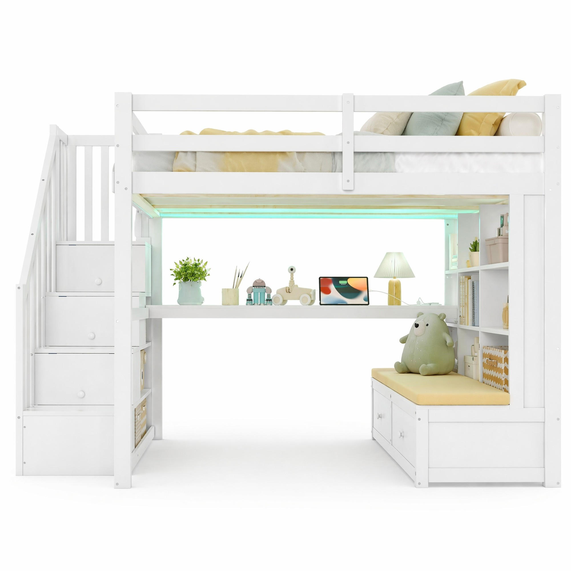 HOCHBETT 140/200 cm in Weiß mit Schreibtisch, Regal, 2 Schubladen und LED - Weiß, Holz/Holzwerkstoff (140/200cm) - CHICFURN