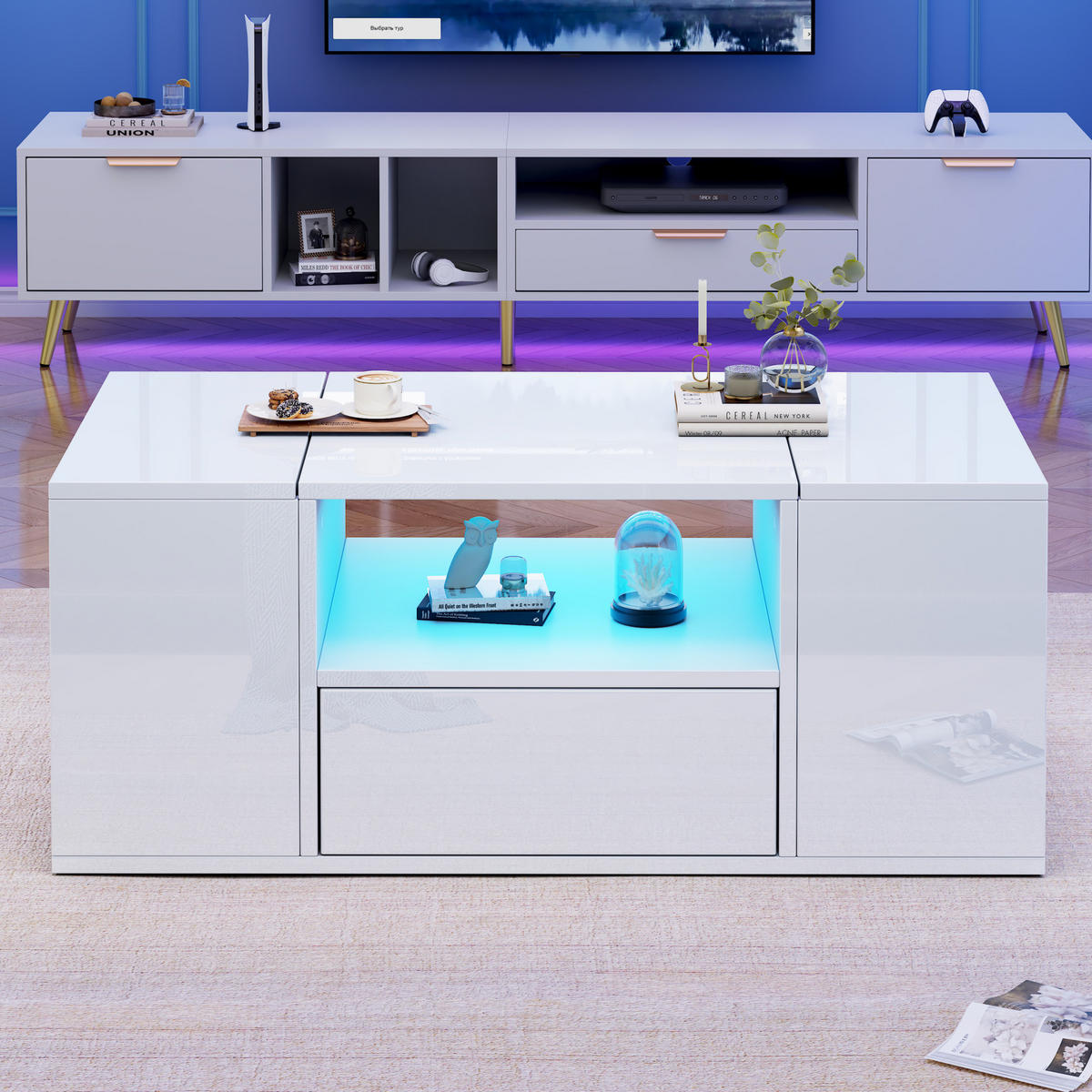 COUCHTISCH 100/50/40 cm mit LED-Beleuchtung, 1 Schublade und 6 Ablagebereichen, Hochglanz, Weiß - Weiß, Holzwerkstoff (100/50/40cm) - Modfu