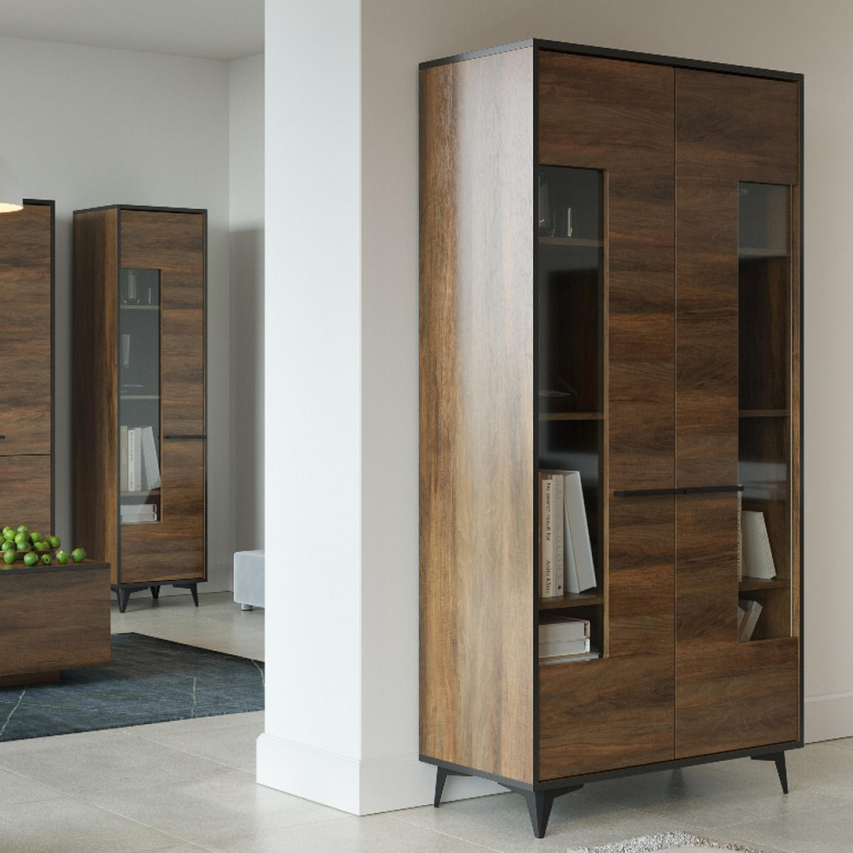 DREHTÜRENSCHRANK Felia mit 3 Türen, 135 cm - Walnussfarben/Schwarz, Holzwerkstoff (135/201/50.5cm) - Beautysofa