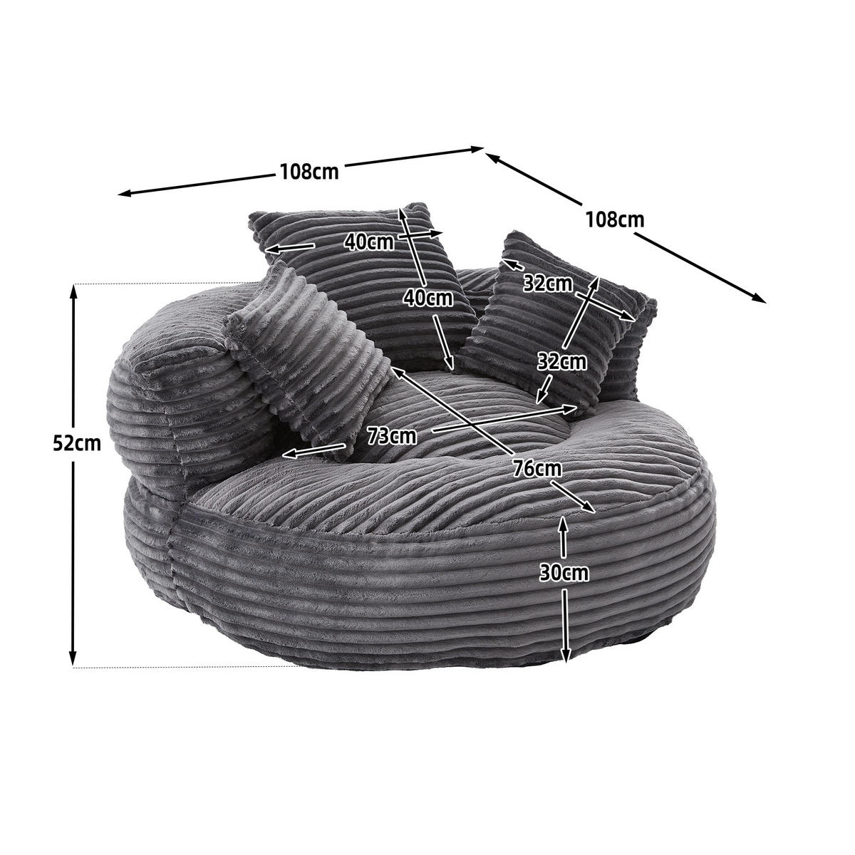 SITZSACK Cord,Sofa mit 3 extra Kopfkissen,Dunkelgrau - Dunkelgrau, Textil (108/52/108cm) - LVHOM