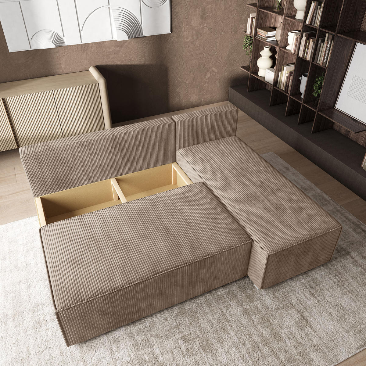 ROHOVÁ SEDAČKA BRISO béžová - šedá/béžová, dřevo/textil (200/140cm) - MASSENO