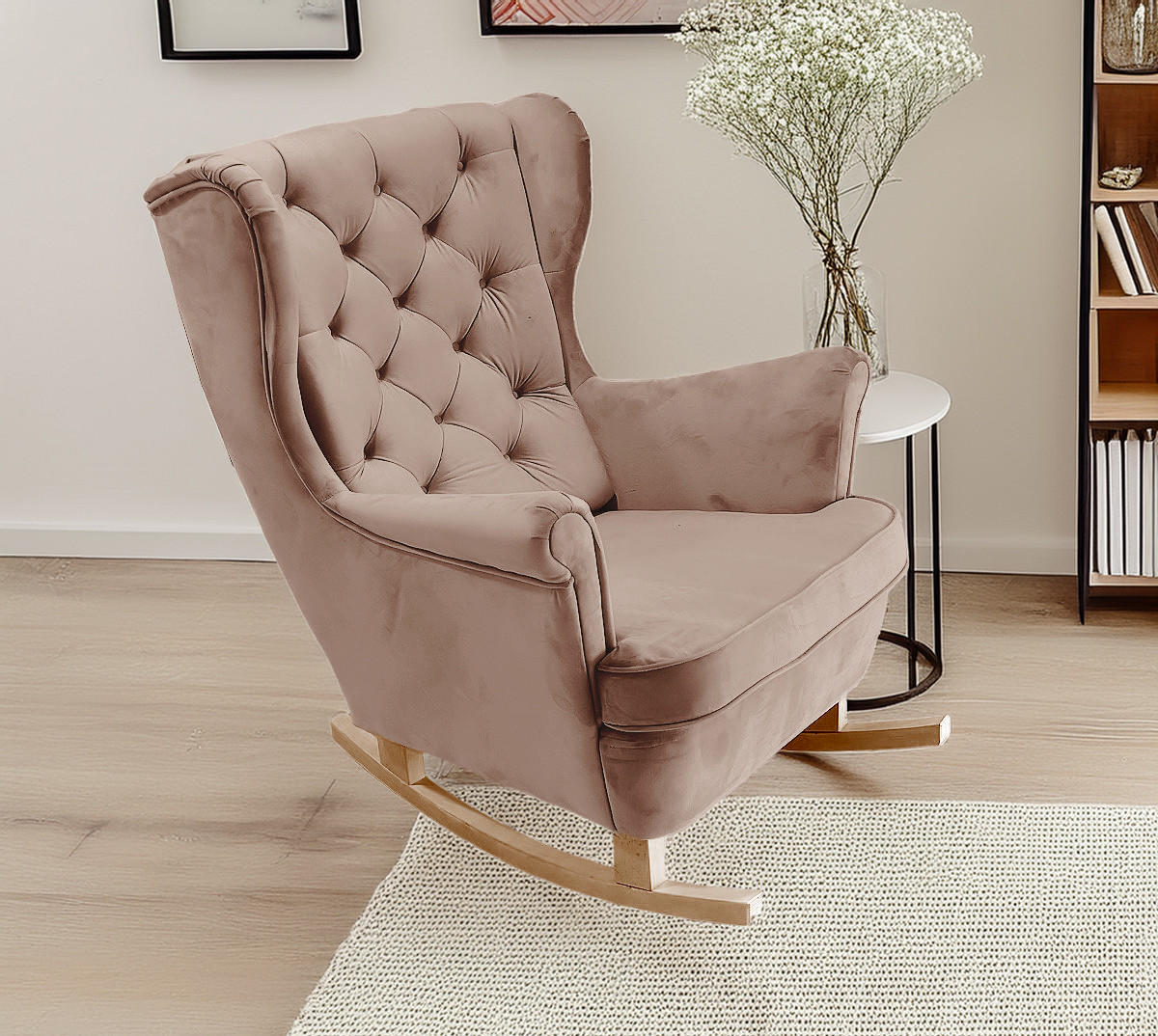SCHAUKELSESSEL mit gepolstertem Sitz und Armlehnen, 102x81x95 cm, Cappuccino_29839 - Greige/Buchefarben, Holz/Textil (81/102/95cm) - DomoHome