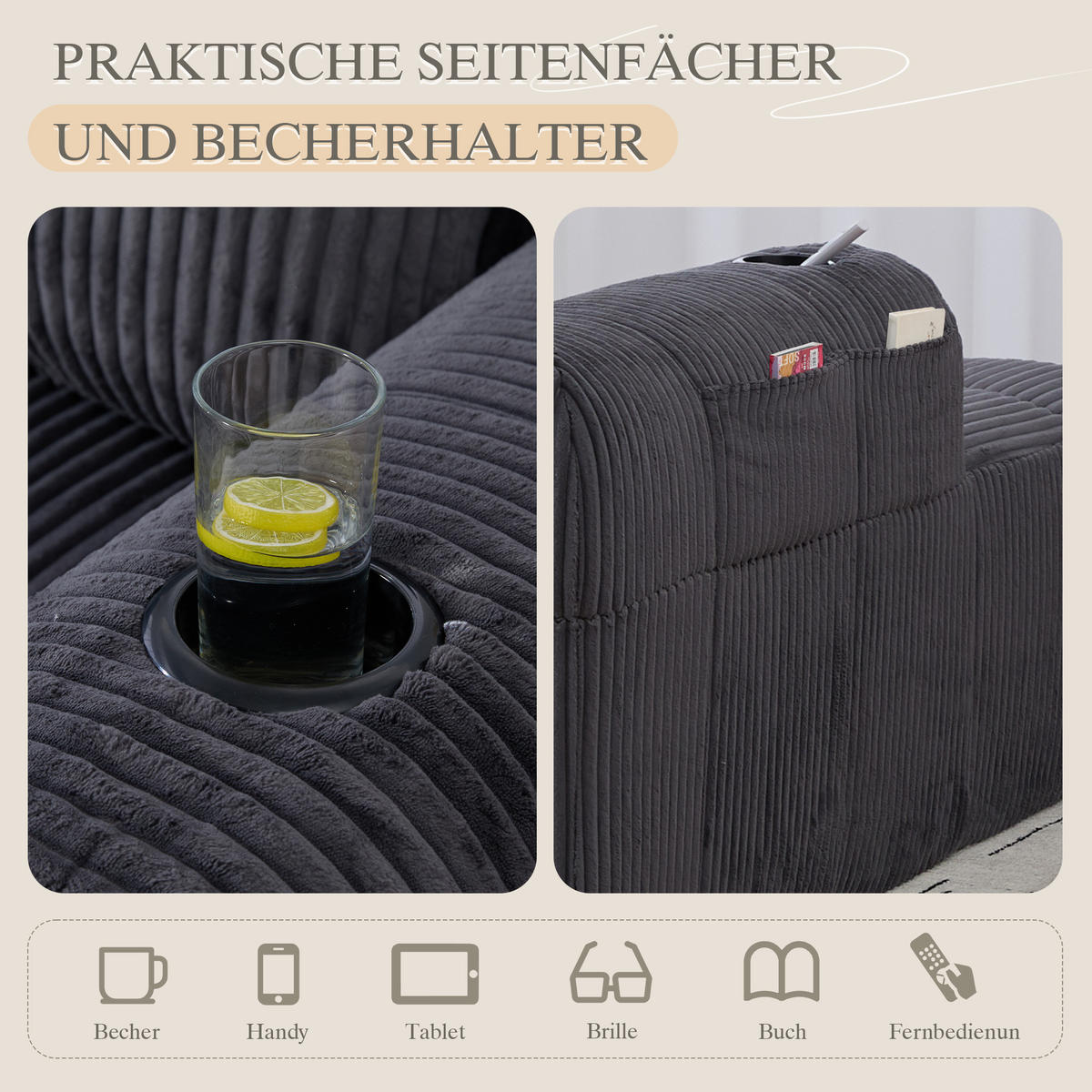 CHAISELONGUE in Cord (158 cm) mit Getränkehalter & Seitentaschen - Dunkelgrau, Textil (158/61/93cm) - Urban Meuble