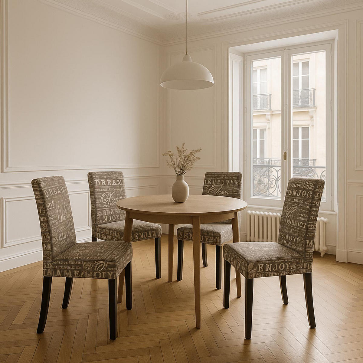 ESSZIMMERSTUHL 4er-Set klassisch und zeitlos 90x43x56cm Sitzhöhe 45cm Textil mit Schriftzug dunkle Beine Grau - Grau, Textil (43/90/56cm) - CHEFGASTRO