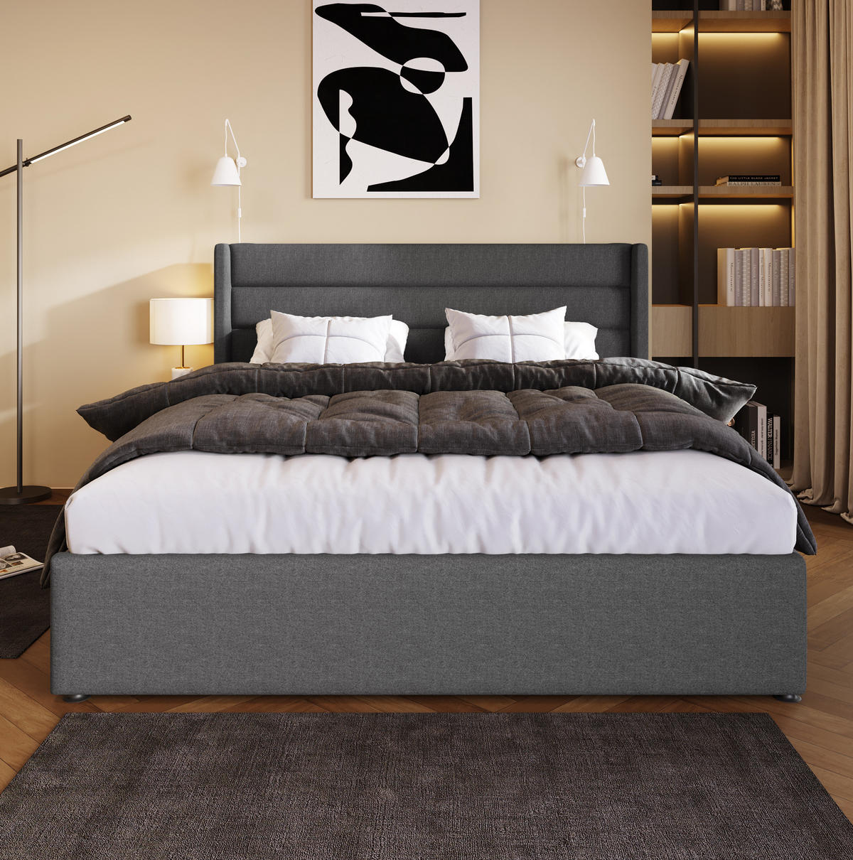 POLSTERBETT mit Bettkasten 160/200 cm in Grau mit gepolstertem Kopfteil - Grau, Textil (160/200cm) - BEAOK