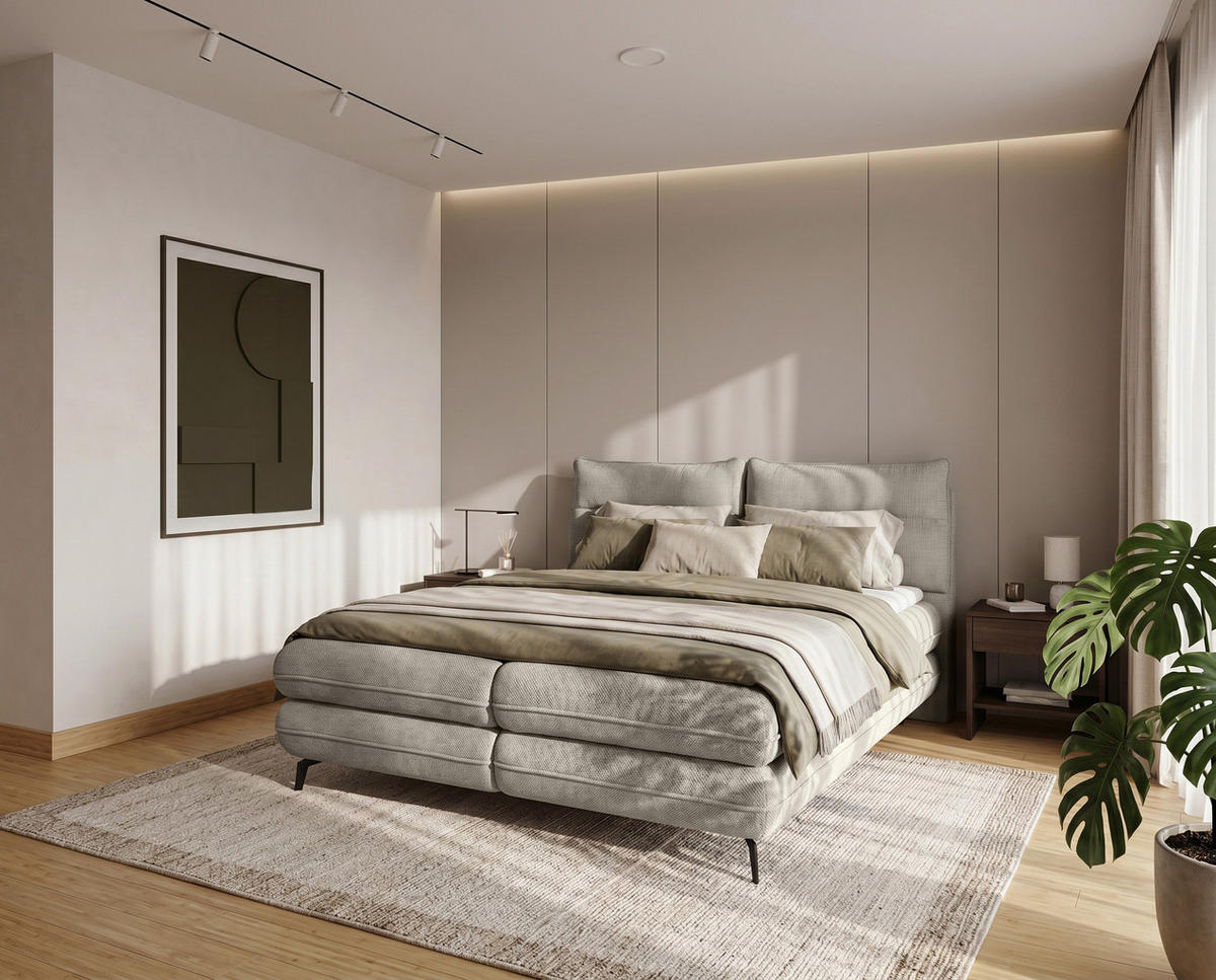 BOXBETT Verse 180 x 200 Einzelbett mit hochwertiger Bonell-Matratze und Topper VISCO - Warmesgrau - Greige, Holz (180/200cm) - Homesy