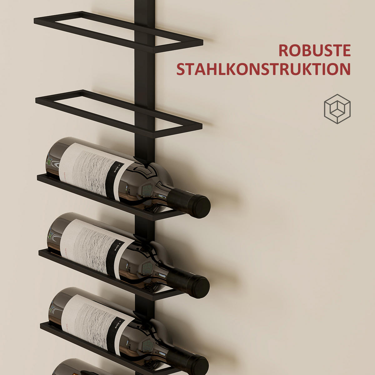 WEINREGAL Flaschenregal zur Wandmontage für 10 Weinflaschen, Stahl Schwarz - Schwarz, Metall (10/116/27cm) - HOMCOM