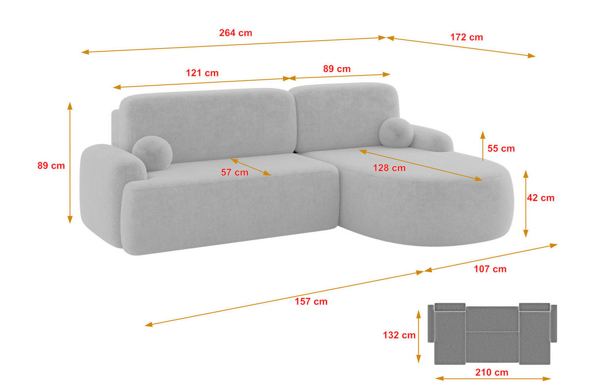 ECKSOFA mit Schlaffunktion und Bettkasten LIRA-L - 264x172x89 Hellgrau - Hellgrau, Holzwerkstoff/Textil (172/264cm) - ALTDECOR