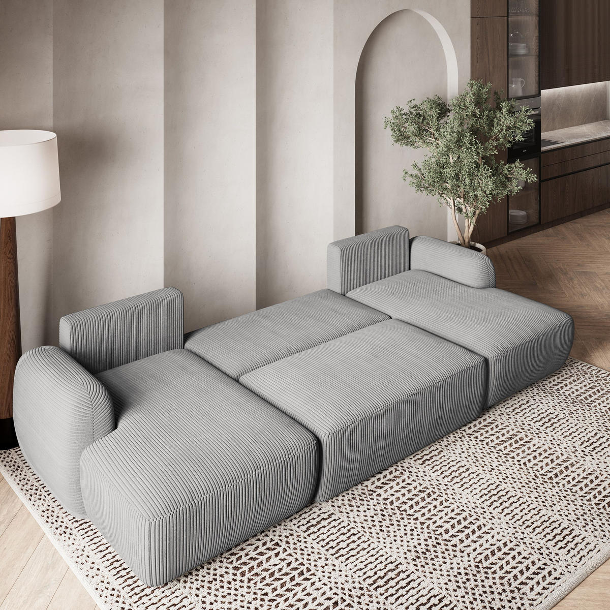 WOHNLANDSCHAFT SAVONA P Hellgrau Kordstoff mit Schlaffunktion - Hellgrau, Holz (320/90/148cm) - MASSENO