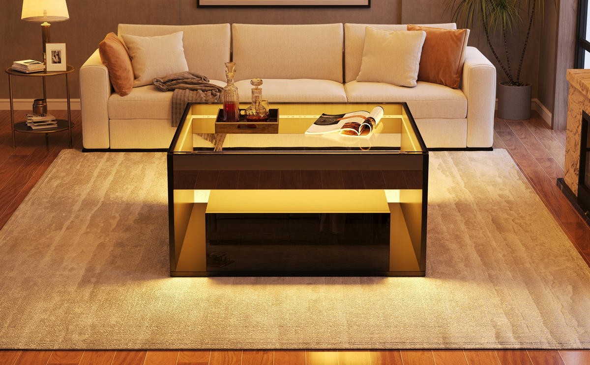 KLUBSKI stolić 70/70/35 cm crni od MDF-a i kaljenog stakla s LED rasvjetom i 2 ladice - crna, drvni materijal (70/70/35cm) - OKWISH
