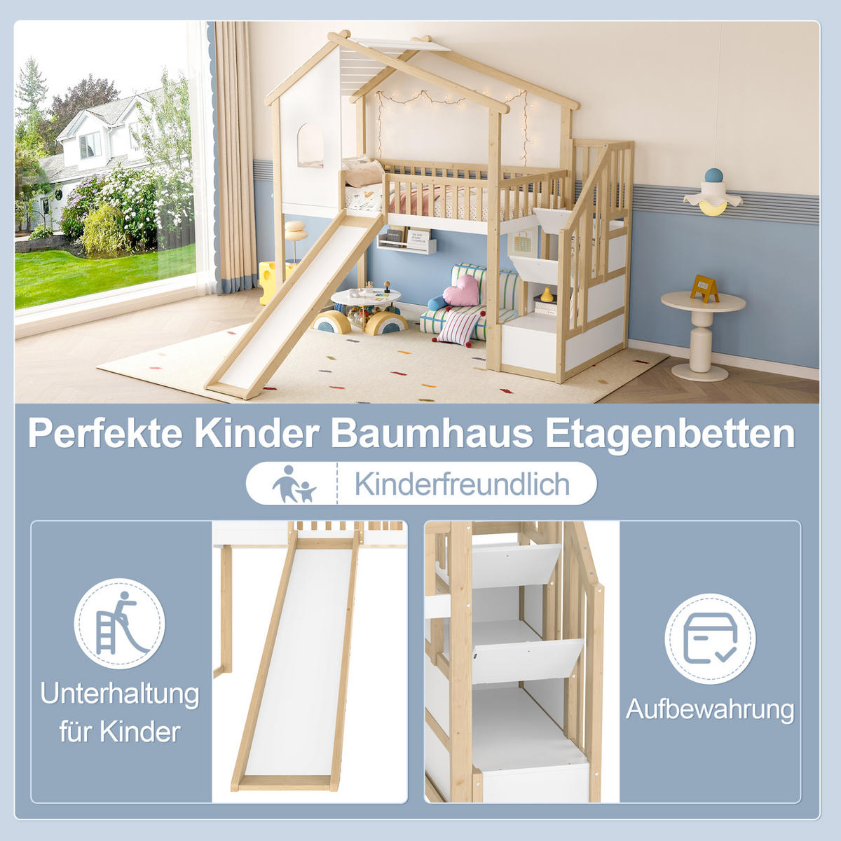 HOCHBETT 90/200 cm aus Kiefernholz mit Rutsche und Stauraumtreppe - Naturfarben, Holzwerkstoff (90/200cm) - BEAOK