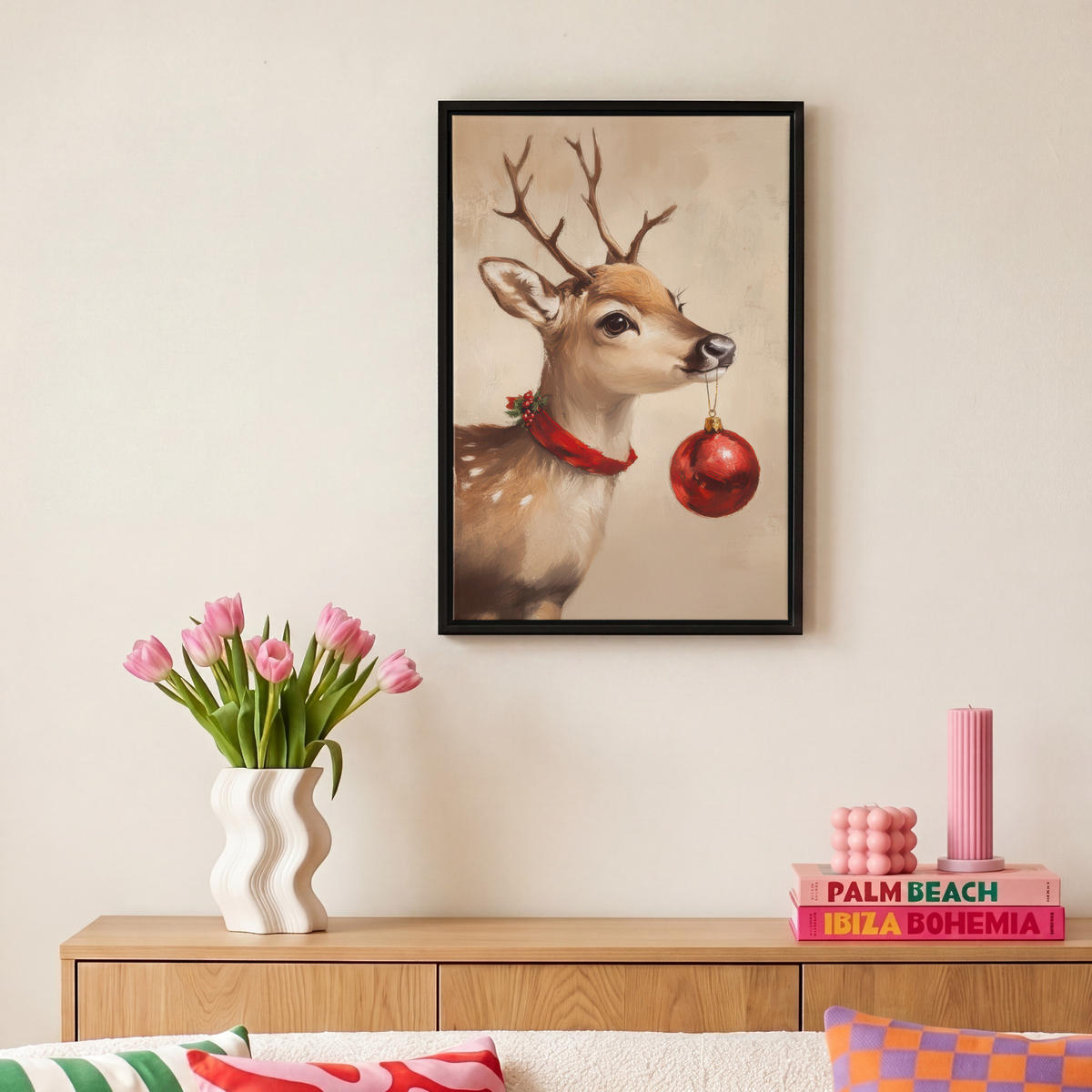 LEINWAND Bilder mit Rahmen - Weihnachten - Hirsch - Geweih - Weihnachtskugel - Rentier - 20x30 - Hellbraun, Textil (20/30cm) - MuchoWow
