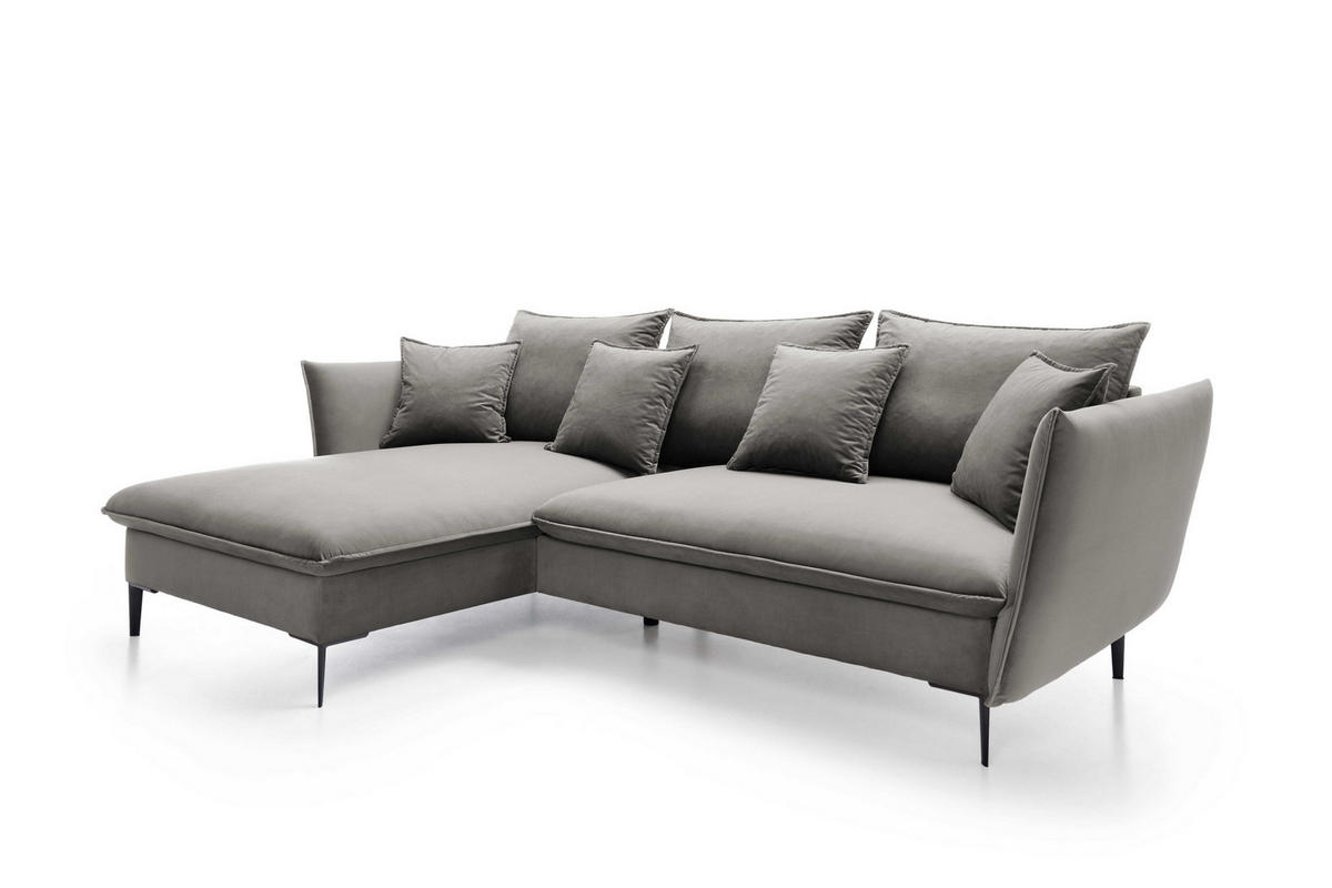 ECKSOFA SOLE Grau Plüsch-Stoff mit Schlaffunktion - Grau, Holz (258/167cm) - MASSENO