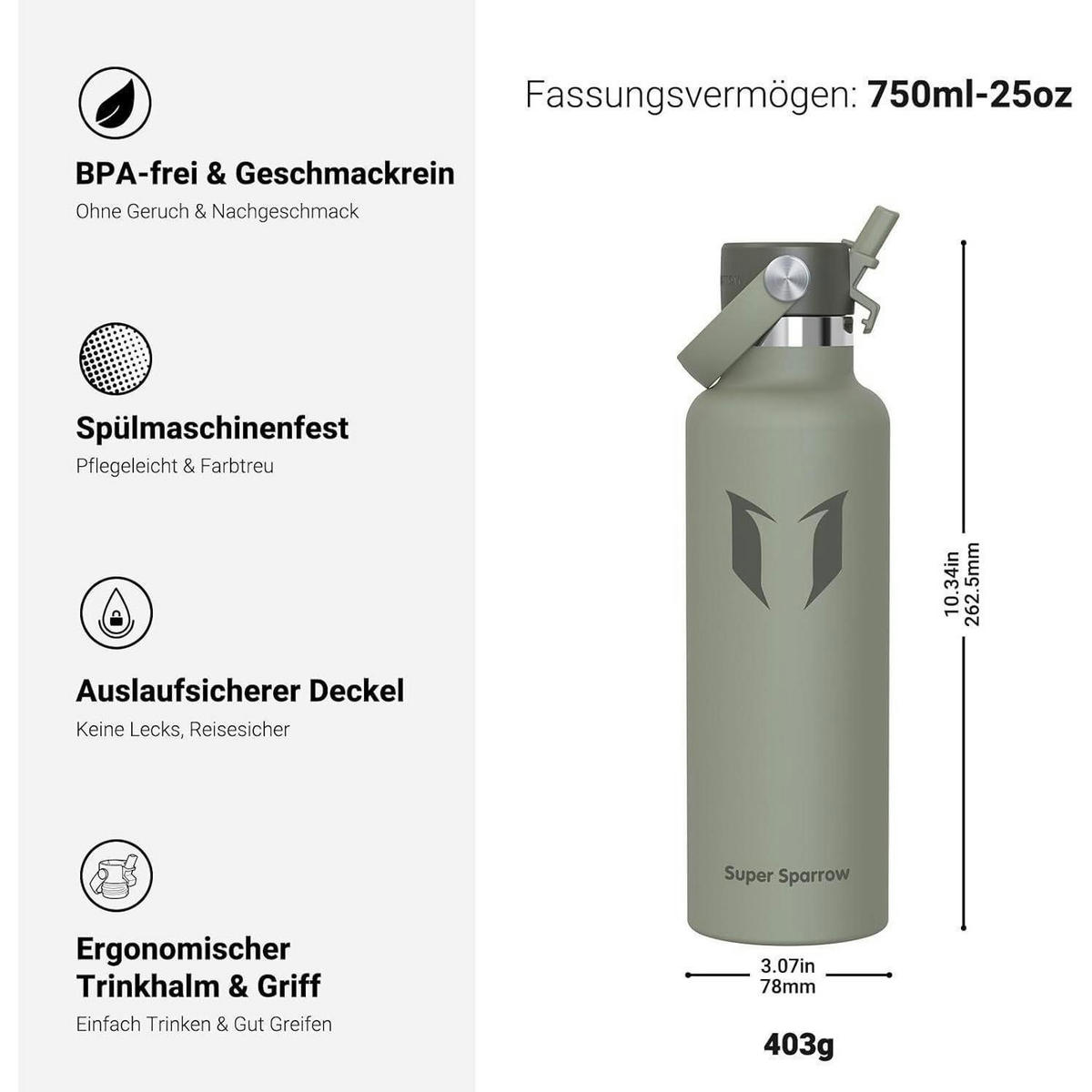 TRINKFLASCHE Edelstahl 750 ml Salbei - Olivgrün, Metall (7.8/7.8cm)