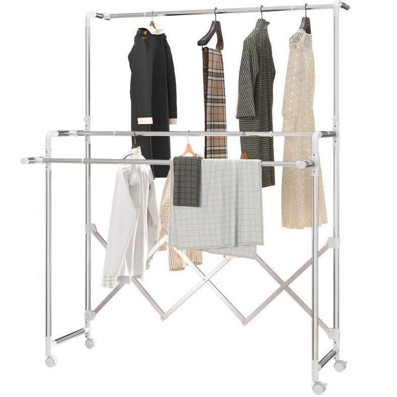 GARDEROBENSTÄNDER faltbar aus Edelstahl mit 3 ausziehbaren Stangen und Rollen - Silberfarben, Metall (150/197/103cm) - BEAOK