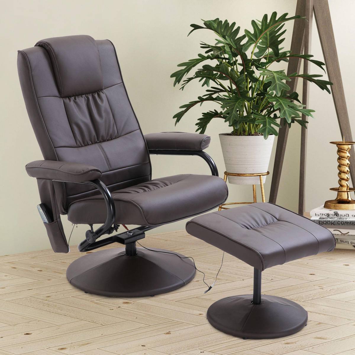 MASSAGESESSEL mit Hocker, Relaxsessel mit Liegefunktion, Massagefunktion, Braun - Schwarz/Braun, Leder/Kunststoff (84/95/77cm) - HOMCOM