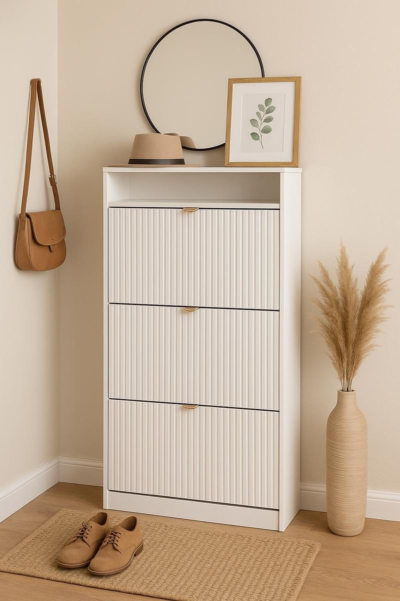 SCHUHSCHRANK Mia, Weiß mit goldenem Griff - Goldfarben/Weiß, Holzwerkstoff (60/125/24cm) - Bettso