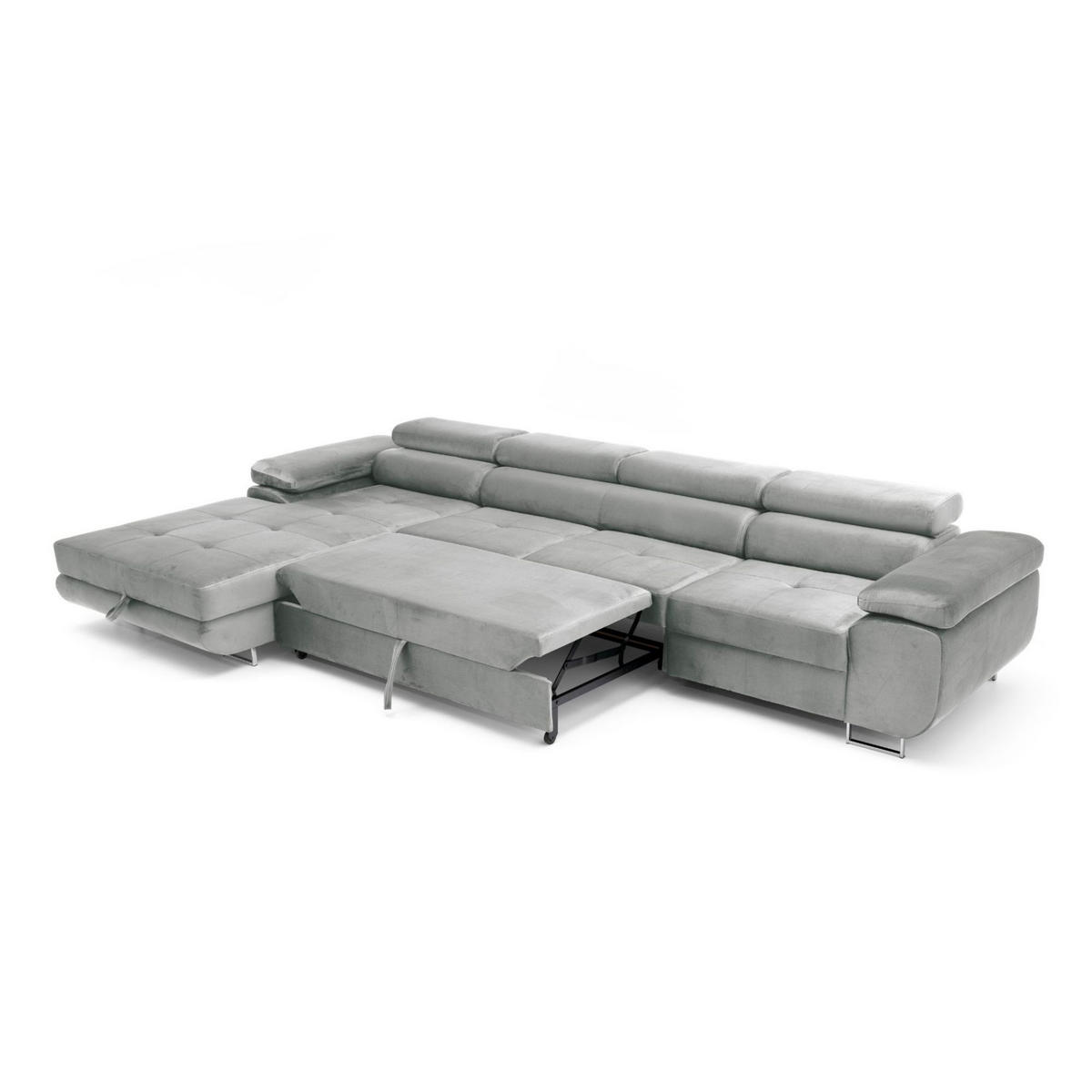 ECKSOFA ALONZO MAXI Links mit Schlaffunktion 125x195 Velours Hellgrau - Silberfarben/Hellgrau, Holz/Textil (350/203cm) - Muffo