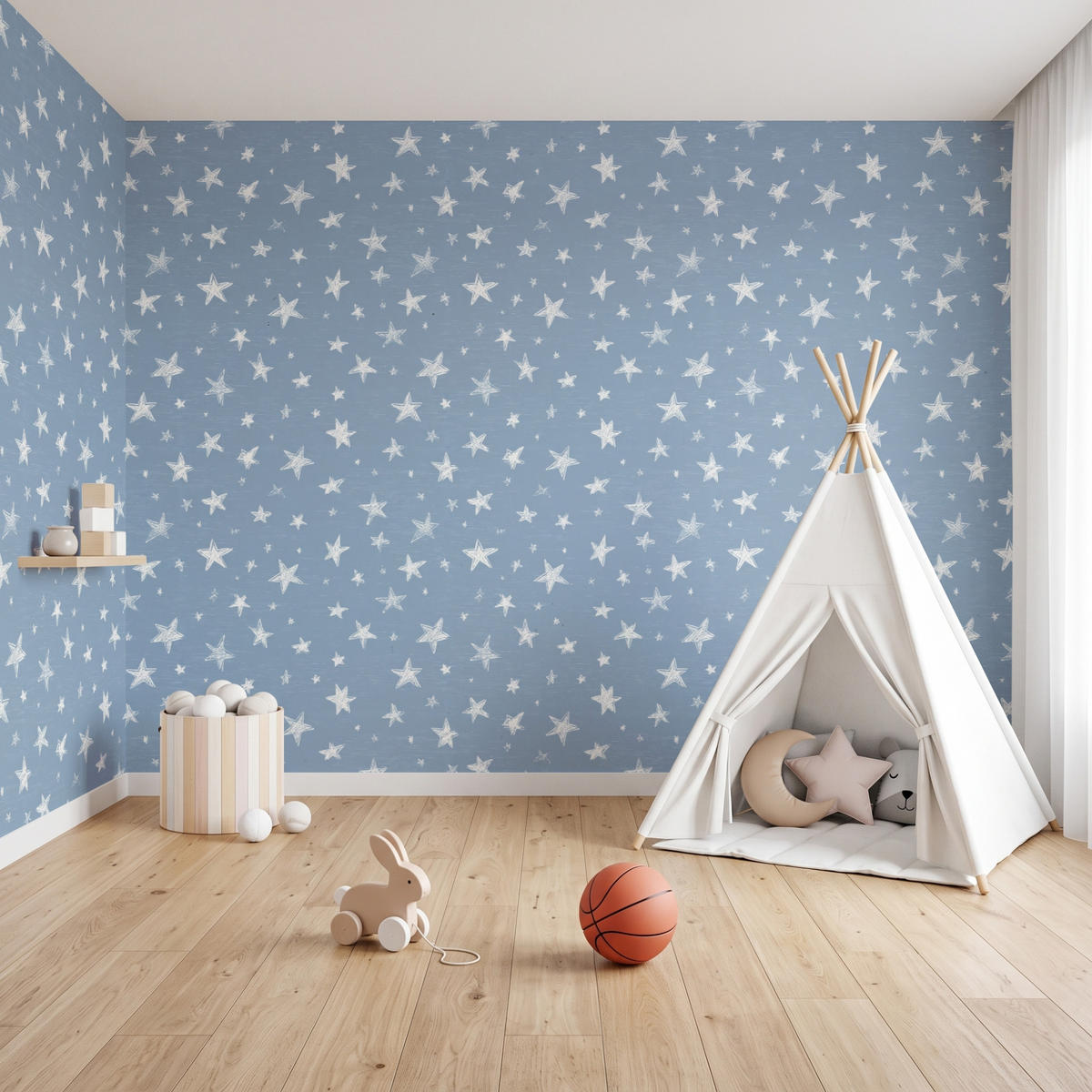 KINDERTAPETE - Sterne - Muster - Blau - 350x200 cm - Hellblau, Papier (350/200cm) - OnlyWow